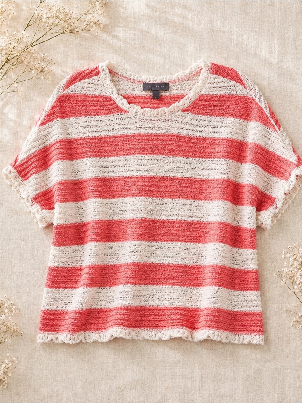 The Limited Striped Short Sleeve Sweater | Coral & Cream Knit Top | Lightweight